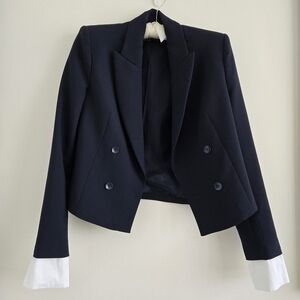 Zara Navy Double-Breasted Cropped Blazer with White Cuffs